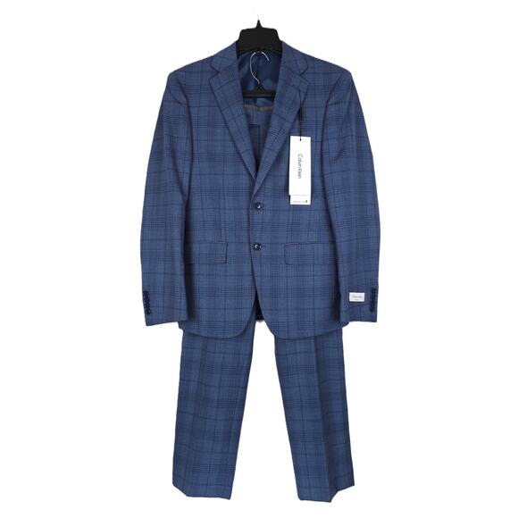 Calvin Klein Men's Slim-Fit Stretch Wool 2-Piece Suit Blue Plaid 36S 30x30 NWT - Picture 1 of 13